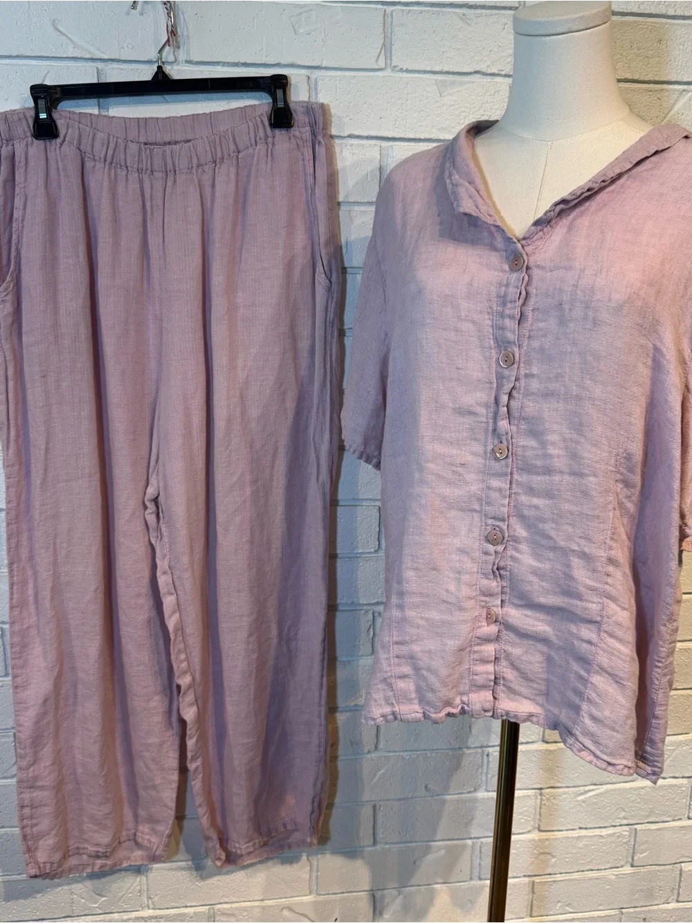 Vintage 90s Flax 100% Linen Lavender Shirt and Pants Set Womens L